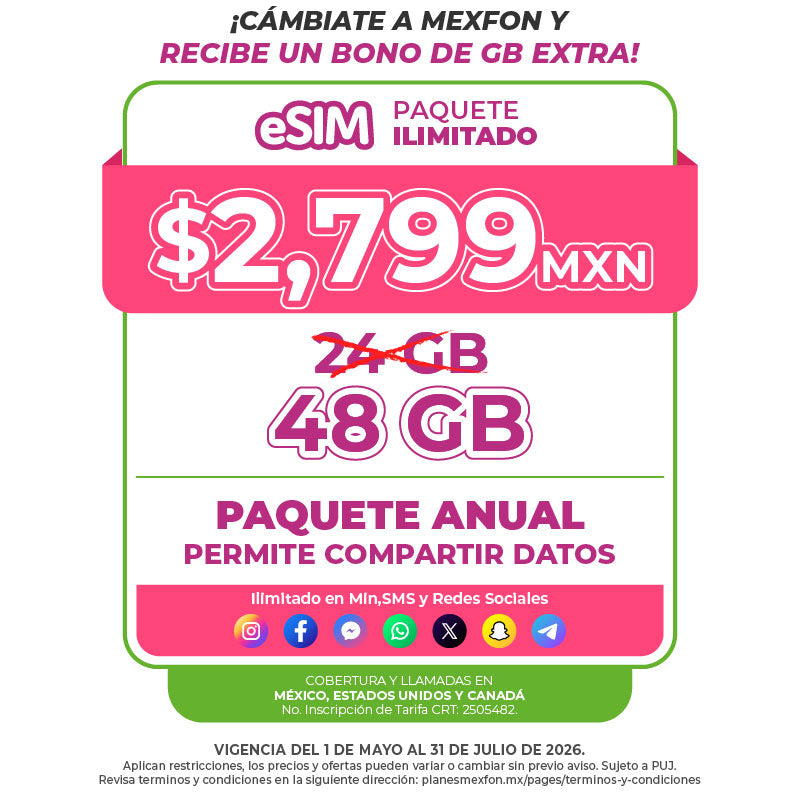 Promo Portabilidad Telefonía celular - 24GB Anual - eSIM QR - Ilimitado