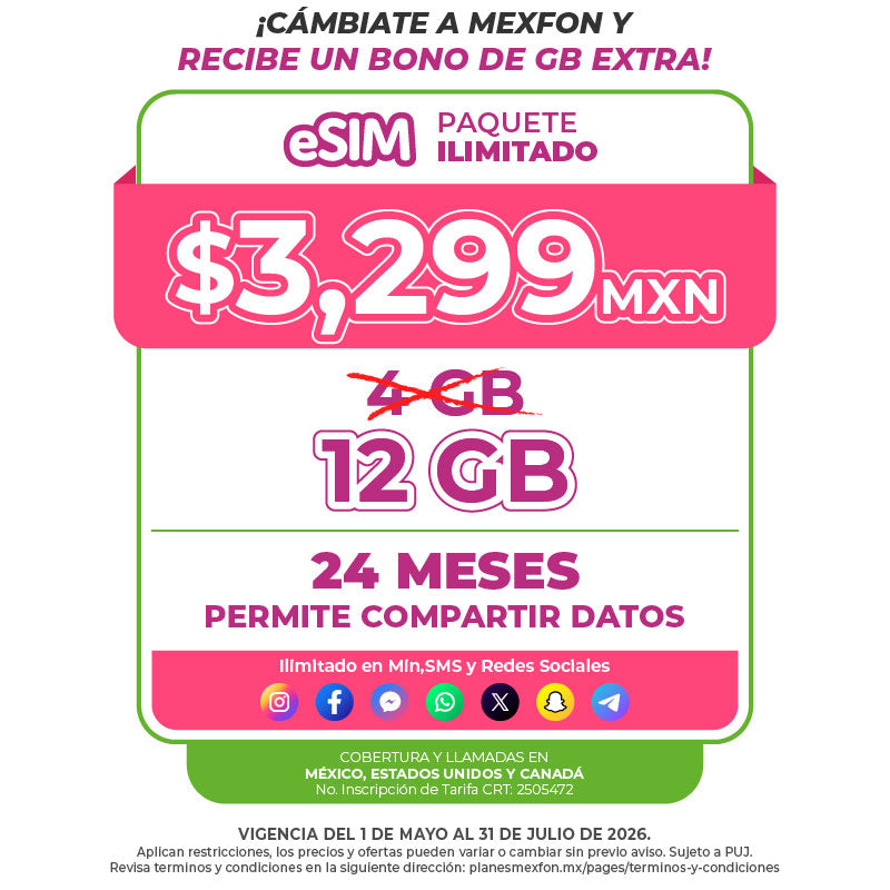 Promo Portabilidad Telefonía celular - 4GB - 24 meses - eSIM QR - Ilimitado