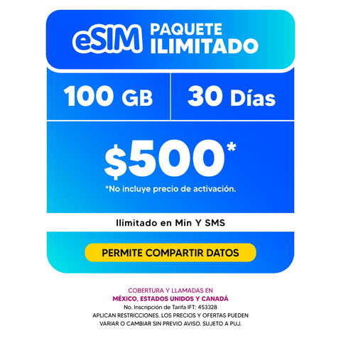 Telefonía celular -  Paquete Compartir 100GB - eSIM QR - Ilimitado