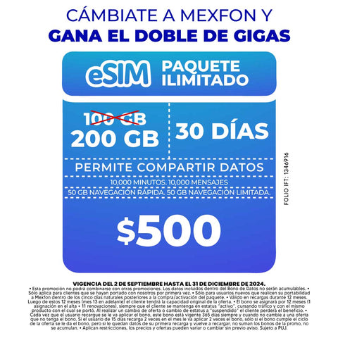 Promo Portabilidad Telefonía celular - Paquete Compartir 100GB - eSIM QR - Ilimitado