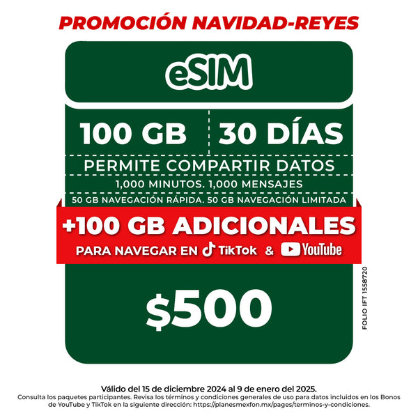 Promo Navidad Reyes Telefonía celular - Paquete Compartir 100GB - eSIM QR - Ilimitado