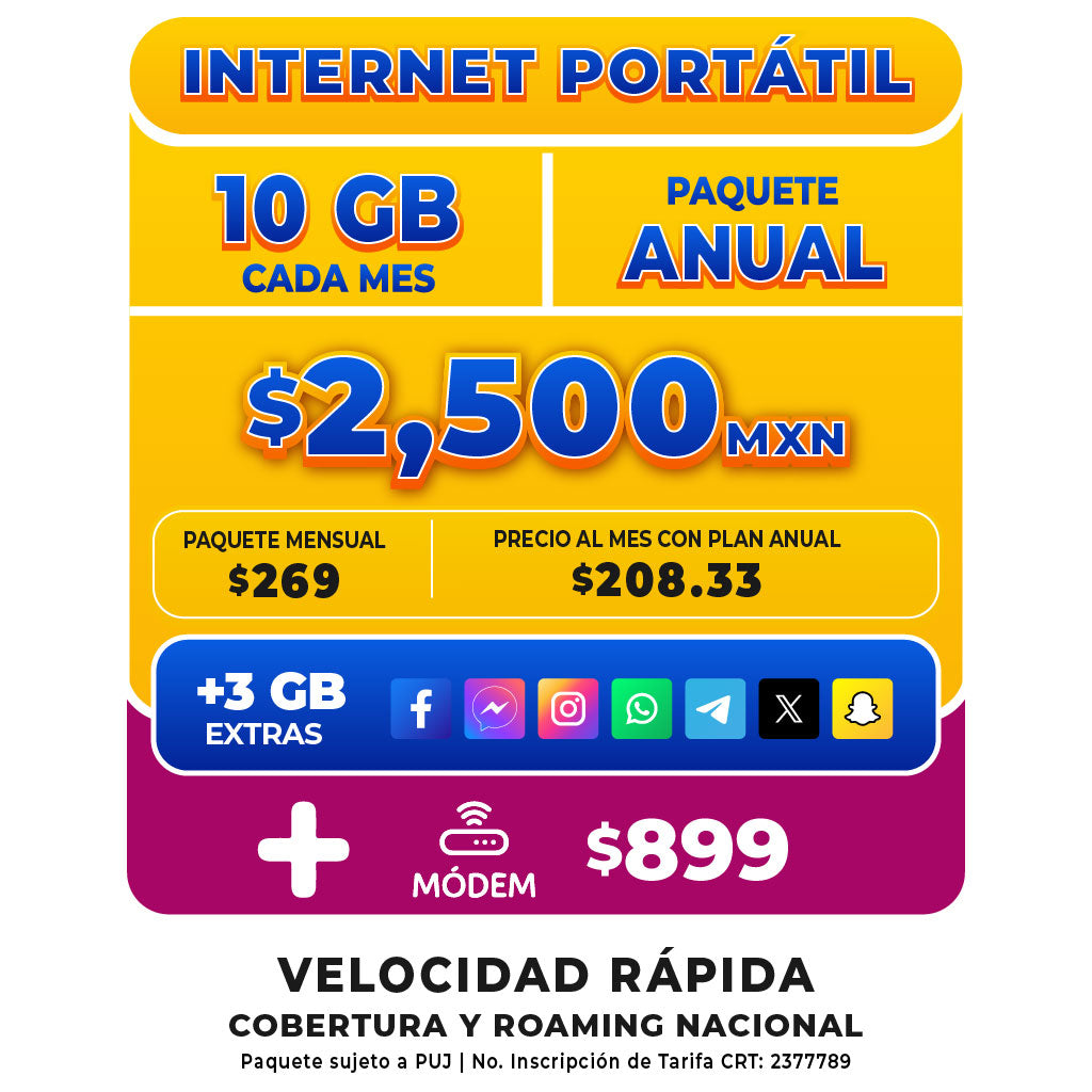 Internet portátil - SIM 10 GB Anual + Módem