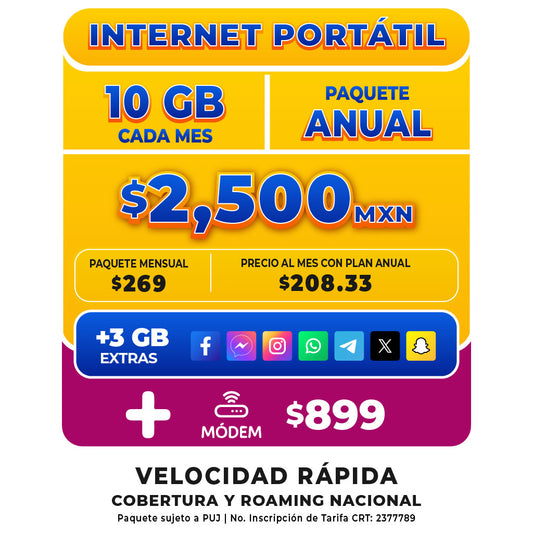 Internet portátil - SIM 10 GB Anual + Módem