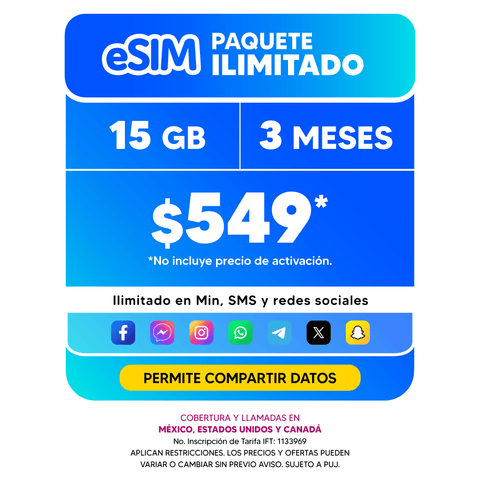 Telefonía celular - 15GB TRIMESTRAL - eSIM QR - Ilimitado