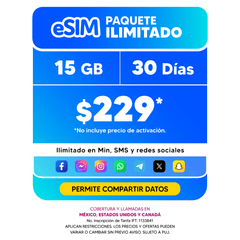 Telefonía celular - 15GB - eSIM QR - Ilimitado