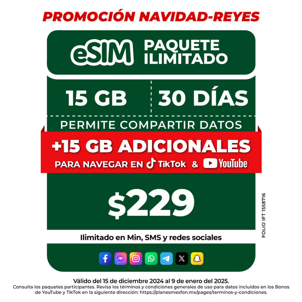 Promo Navidad Reyes Telefonía celular - 15GB - eSIM QR - Ilimitado