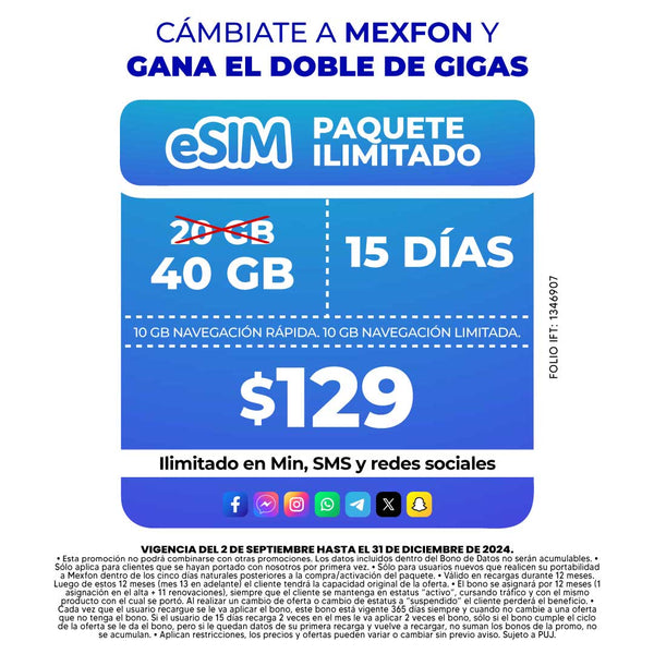 Promo Portabilidad Telefonía celular - 20GB - eSIM QR - Ilimitado