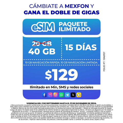 Promo Portabilidad Telefonía celular - 20GB - eSIM QR - Ilimitado