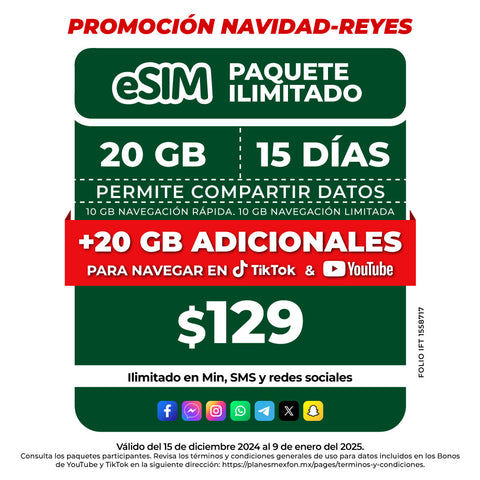 Promo Navidad Reyes Telefonía celular - 20GB - eSIM QR - Ilimitado