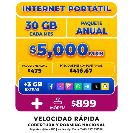 Internet portátil - SIM 30 GB Anual + Módem