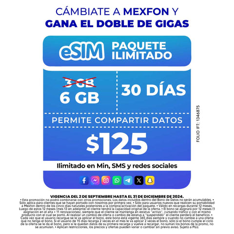 Promo Portabilidad Telefonía celular - 3GB  - eSIM QR - Ilimitado