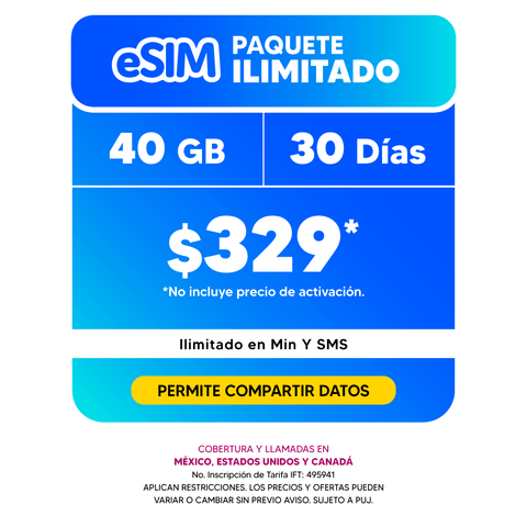 Telefonía celular -  Paquete Compartir 40GB - eSIM QR - Ilimitado