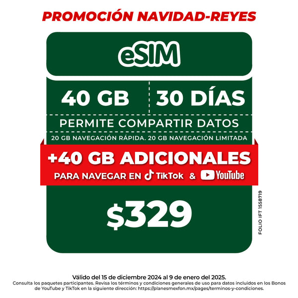 Promo Navidad Reyes Telefonía celular - Paquete Compartir 40GB - eSIM QR – Ilimitado