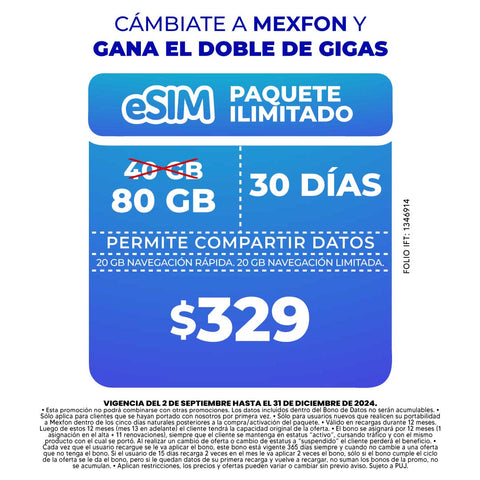 Promo Portabilidad Telefonía celular - Paquete Compartir 40GB - eSIM QR – Ilimitado