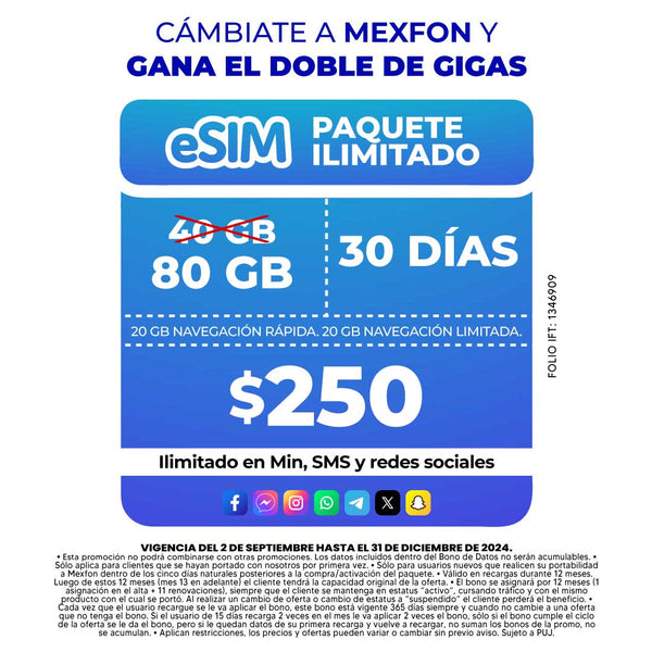 Promo Portabilidad Telefonía celular - 40 GB - eSIM QR - Ilimitado