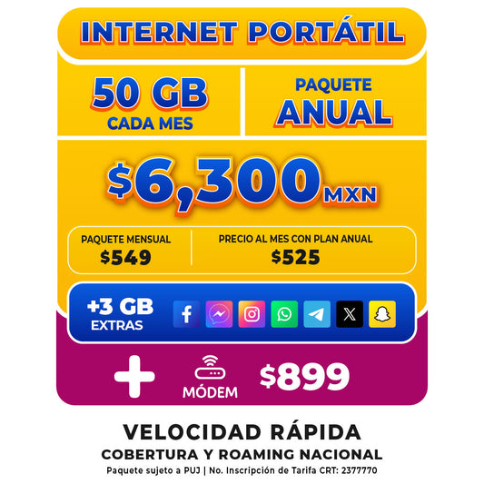 Internet portátil - SIM 50 GB Anual + Módem