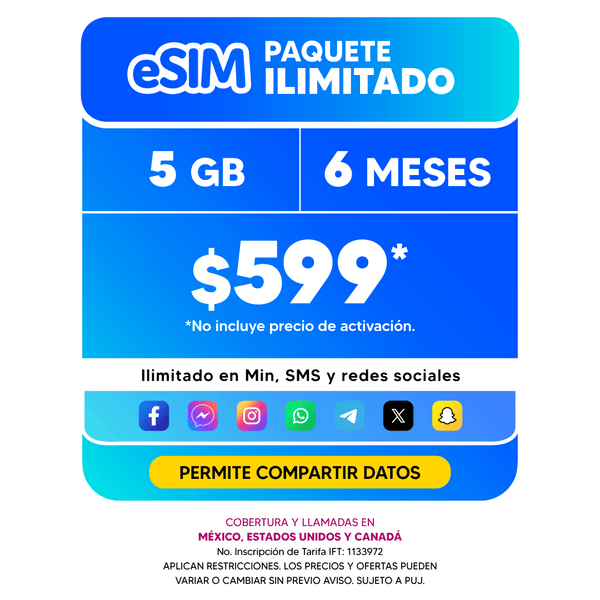 Telefonía celular - 5GB SEMESTRAL - eSIM QR - Ilimitado