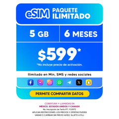 Telefonía celular - 5GB SEMESTRAL - eSIM QR - Ilimitado