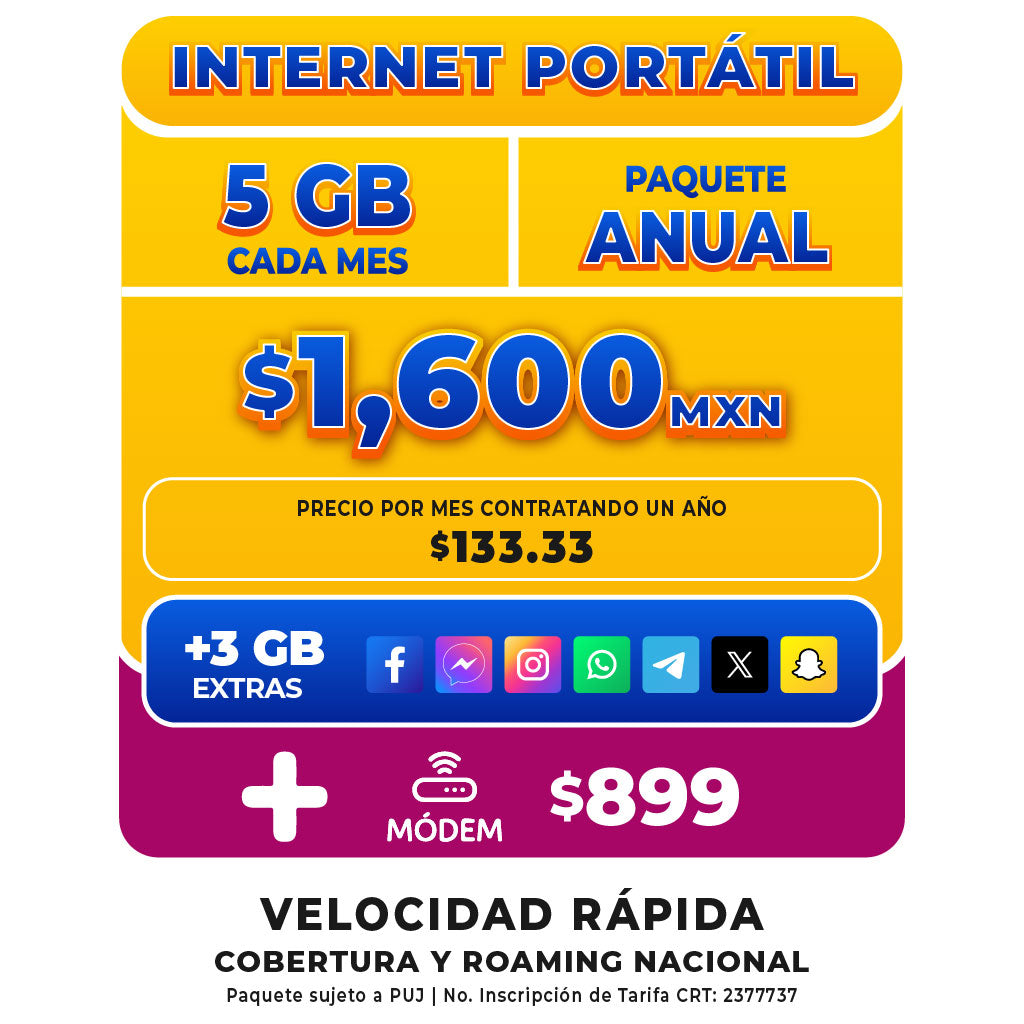 Internet portátil - SIM 5 GB Anual + Módem