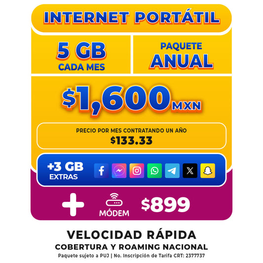Internet portátil - SIM 5 GB Anual + Módem