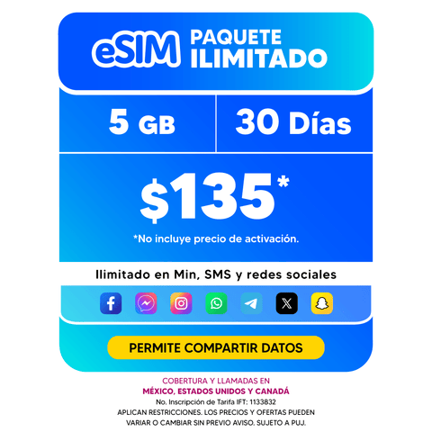 Telefonía celular - 5GB - eSIM QR - Ilimitado