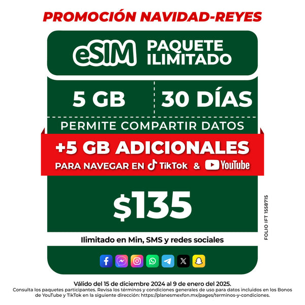 Promo Navidad Reyes Telefonía celular - 5GB - eSIM QR - Ilimitado