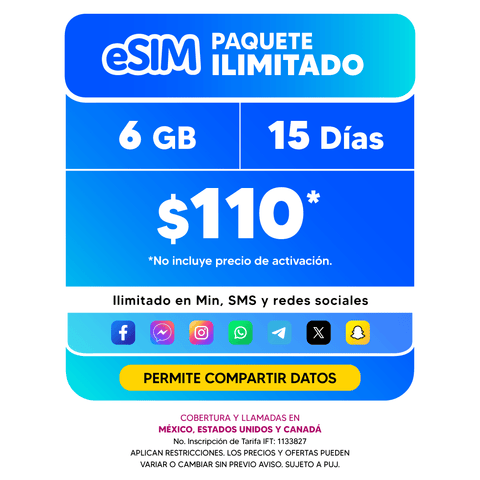 Telefonía celular - 6GB - eSIM QR - Ilimitado