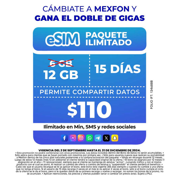 Promo Portabilidad Telefonía celular - 6GB  - eSIM QR – Ilimitado