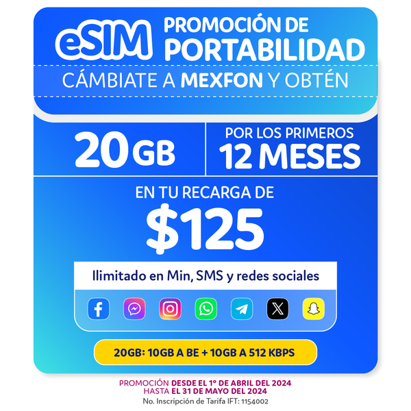 Telefonía celular - 20GB - eSIM QR - Ilimitado - Promoción