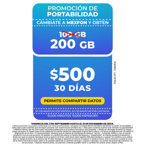 Promo Portabilidad Telefonía celular - Paquete compartir 100GB - Ilimitado