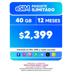 Telefonía celular - 40 GB ANUAL - eSIM QR - Ilimitado