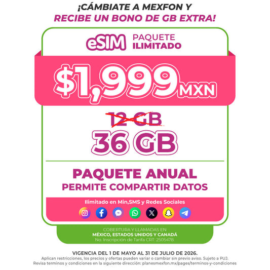 Promo Portabilidad Telefonía celular - 12GB Anual - eSIM QR - Ilimitado