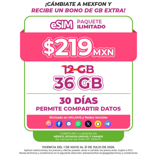 Promo Portabilidad Telefonía celular - 12GB - 30 días - eSIM QR - Ilimitado