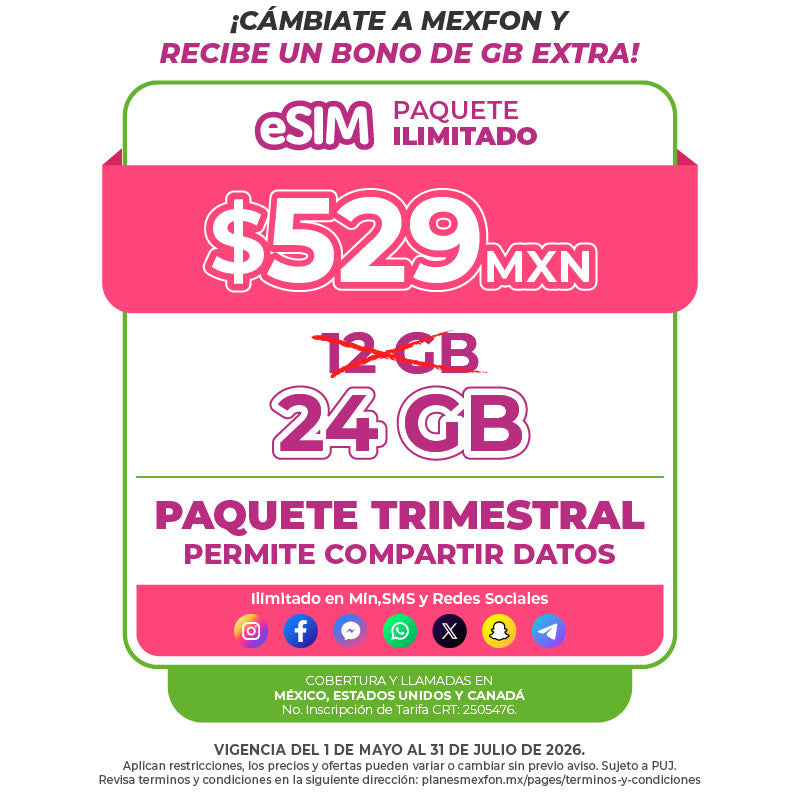 Promo Portabilidad Telefonía celular - 12GB Trimestral - eSIM QR - Ilimitado