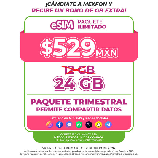 Promo Portabilidad Telefonía celular - 12GB Trimestral - eSIM QR - Ilimitado