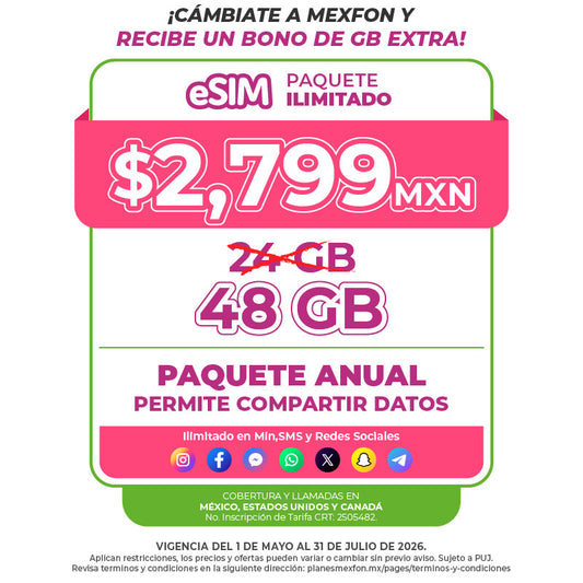 Promo Portabilidad Telefonía celular - 24GB Anual - eSIM QR - Ilimitado