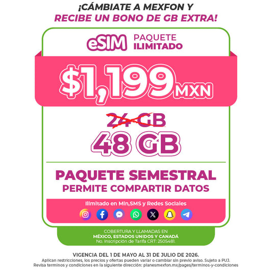 Promo Portabilidad Telefonía celular - 24GB Semestral - eSIM QR - Ilimitado