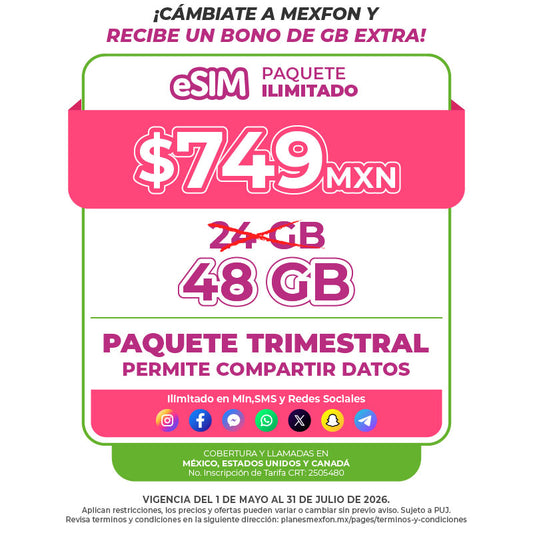 Promo Portabilidad Telefonía celular - 24GB Trimestral - eSIM QR - Ilimitado