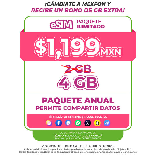 Promo Portabilidad Telefonía celular - 2GB Anual - eSIM QR - Ilimitado