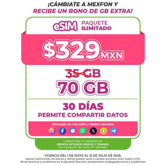 Promo Portabilidad Telefonía celular - 35GB - 30 días - eSIM QR - Ilimitado